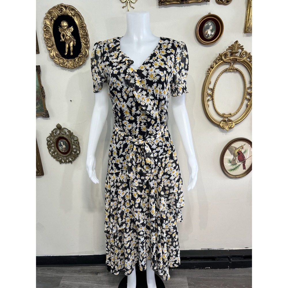 Karl Lagerfeld Paris Black Daisy Print Ruffle Midi Dress Size 8